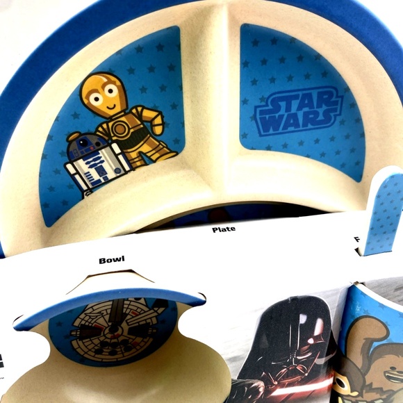Starwars Baby Feeding Set 5pc Bamboo Fiber Dinnerware Plate Bowl Cup Spoon Fork - Picture 2 of 7